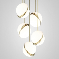 Mini Crescent Chandelier 5 Piece Brushed Brass Pendants and Brushed Brass Ceiling Plate Studio